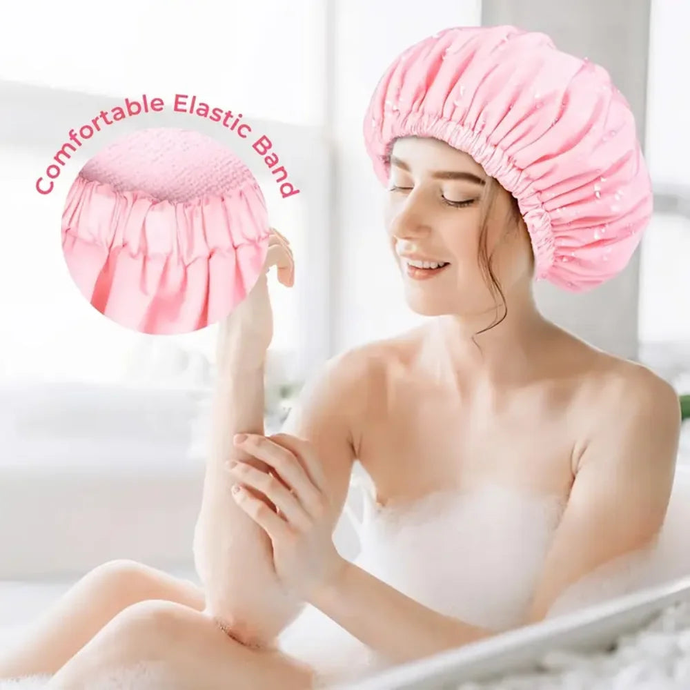 Reusable shower cap with dry hair function, suitable for women, microfiber towel fabric, silky satin surface, 100% waterproof, s