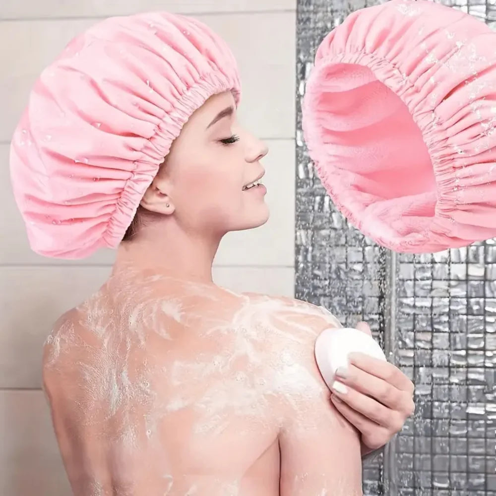 Reusable shower cap with dry hair function, suitable for women, microfiber towel fabric, silky satin surface, 100% waterproof, s