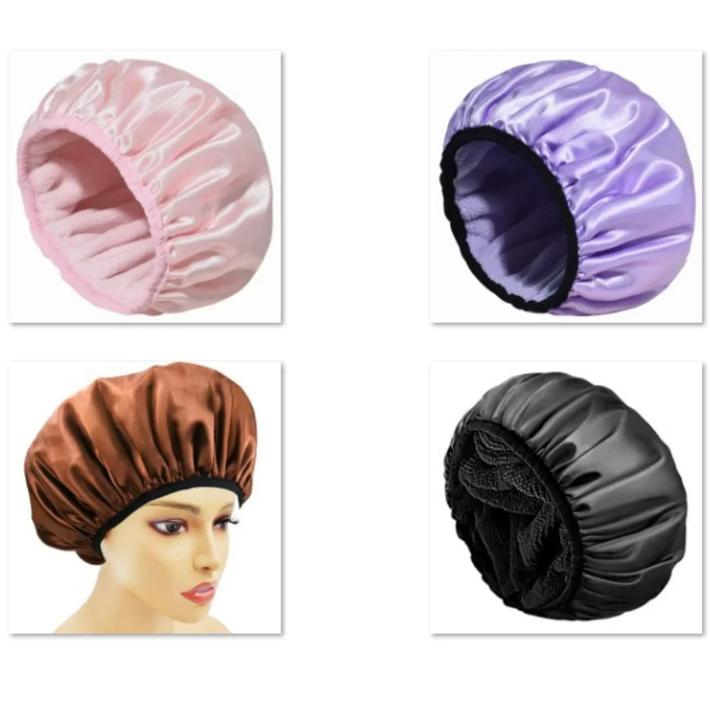 Reusable shower cap with dry hair function, suitable for women, microfiber towel fabric, silky satin surface, 100% waterproof, s