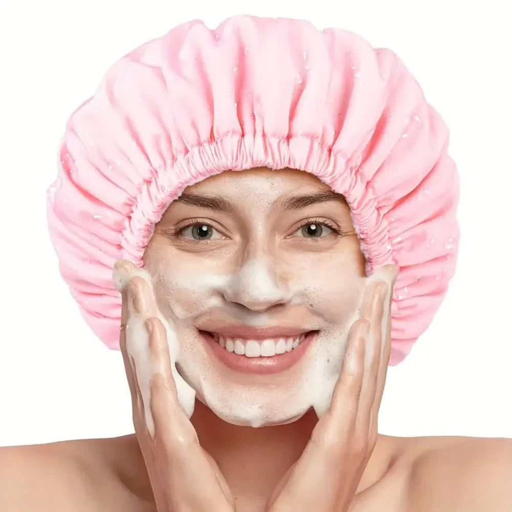 Reusable shower cap with dry hair function, suitable for women, microfiber towel fabric, silky satin surface, 100% waterproof, s