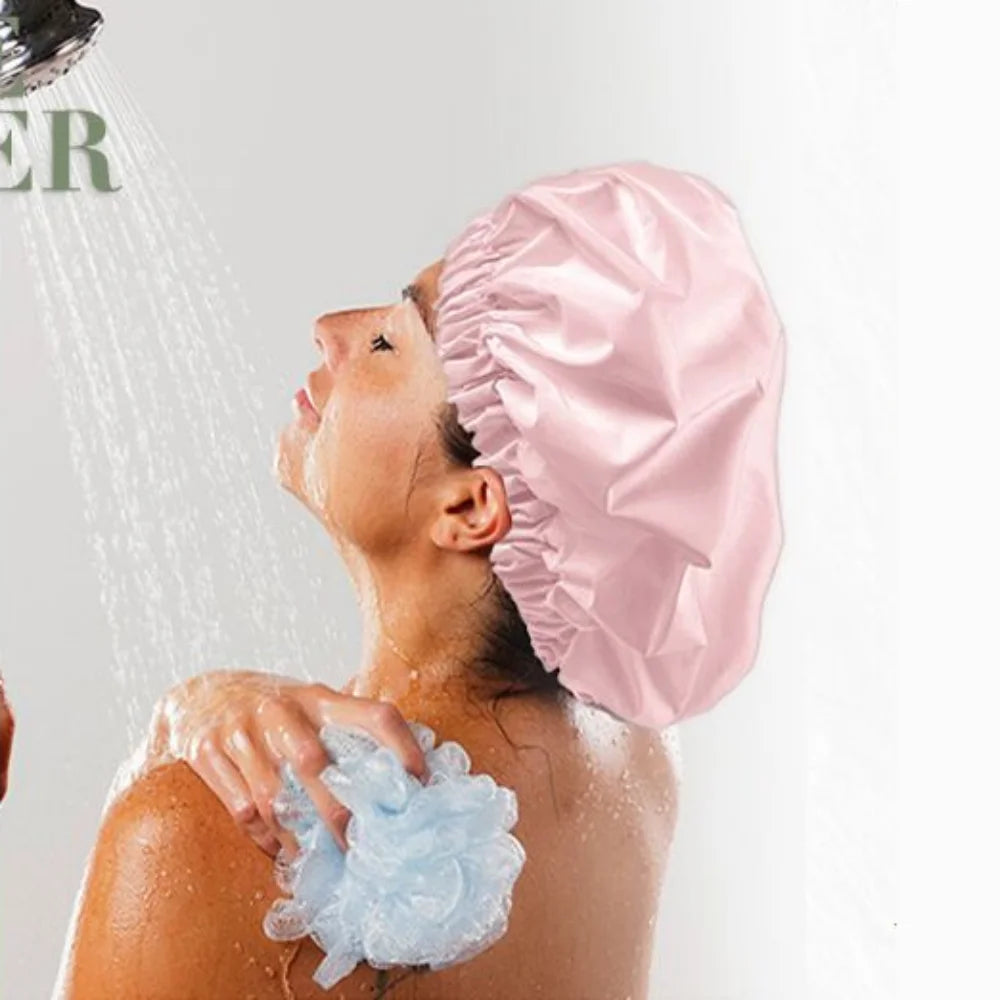Reusable shower cap with dry hair function, suitable for women, microfiber towel fabric, silky satin surface, 100% waterproof, s