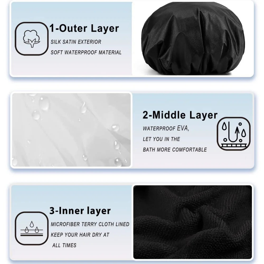 Reusable shower cap with dry hair function, suitable for women, microfiber towel fabric, silky satin surface, 100% waterproof, s