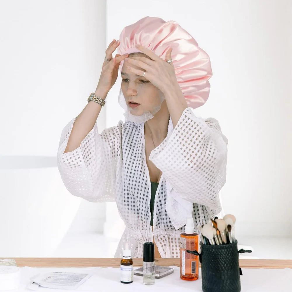 Reusable shower cap with dry hair function, suitable for women, microfiber towel fabric, silky satin surface, 100% waterproof, s