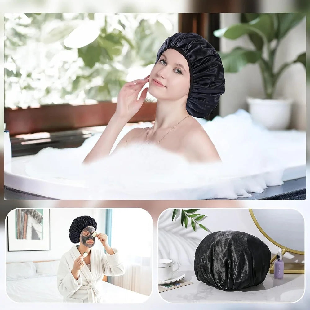 Reusable shower cap with dry hair function, suitable for women, microfiber towel fabric, silky satin surface, 100% waterproof, s