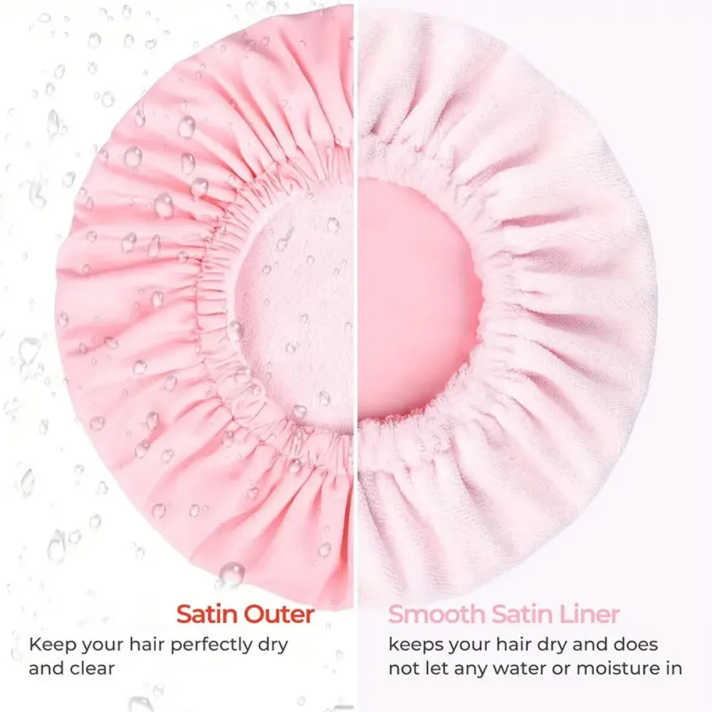 Reusable shower cap with dry hair function, suitable for women, microfiber towel fabric, silky satin surface, 100% waterproof, s