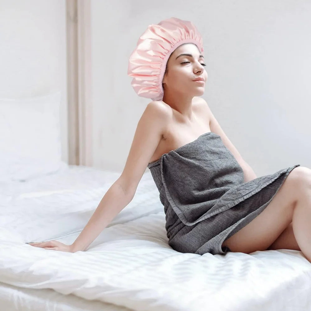 Reusable shower cap with dry hair function, suitable for women, microfiber towel fabric, silky satin surface, 100% waterproof, s