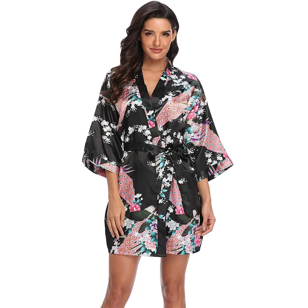 Sexy Print Kimono Gown Satin Women Bathrobe Bridal Wedding Gift Silky Sleepwear Nightdress Oversize 3XL Nightgown Homewear