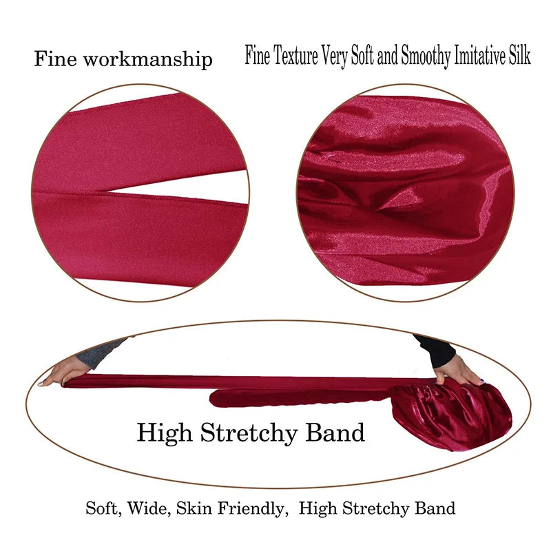 Satin Shower Cap For Women Solid Wide Band Stretch Head Tie Silky Bonnet Edge Wrap Nightcap Hair Care Sleeping Cap Head Cover