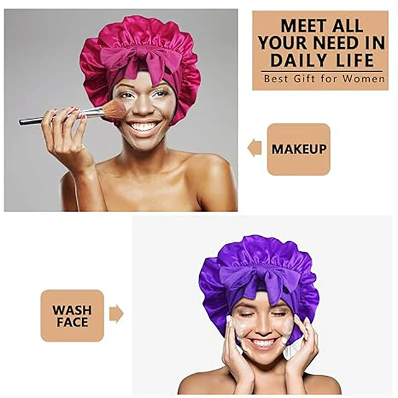 Satin Shower Cap For Women Solid Wide Band Stretch Head Tie Silky Bonnet Edge Wrap Nightcap Hair Care Sleeping Cap Head Cover