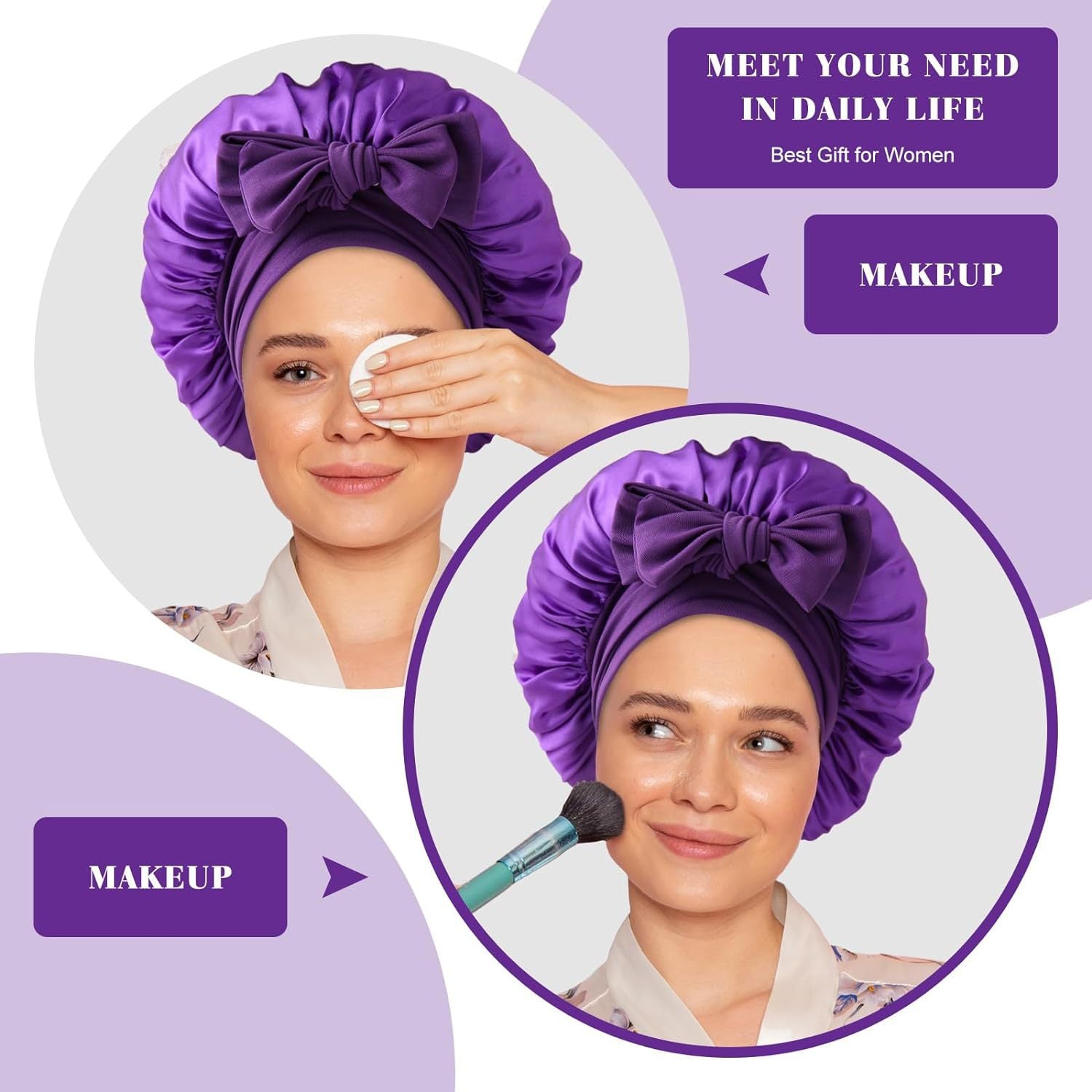 Satin Shower Cap For Women Solid Wide Band Stretch Head Tie Silky Bonnet Edge Wrap Nightcap Hair Care Sleeping Cap Head Cover