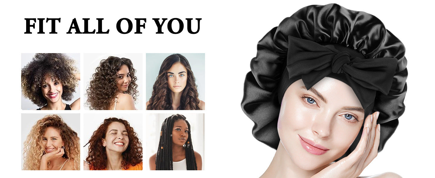 Satin Shower Cap For Women Solid Wide Band Stretch Head Tie Silky Bonnet Edge Wrap Nightcap Hair Care Sleeping Cap Head Cover