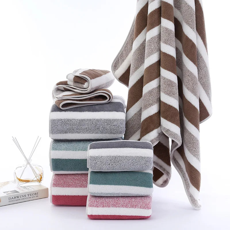 Soft Striped Bath Towel Set - Quick-Drying Absorbent Microfiber Face & Hand Towels for Bathroom, Home Spa - 70x140cm & 35x75cm