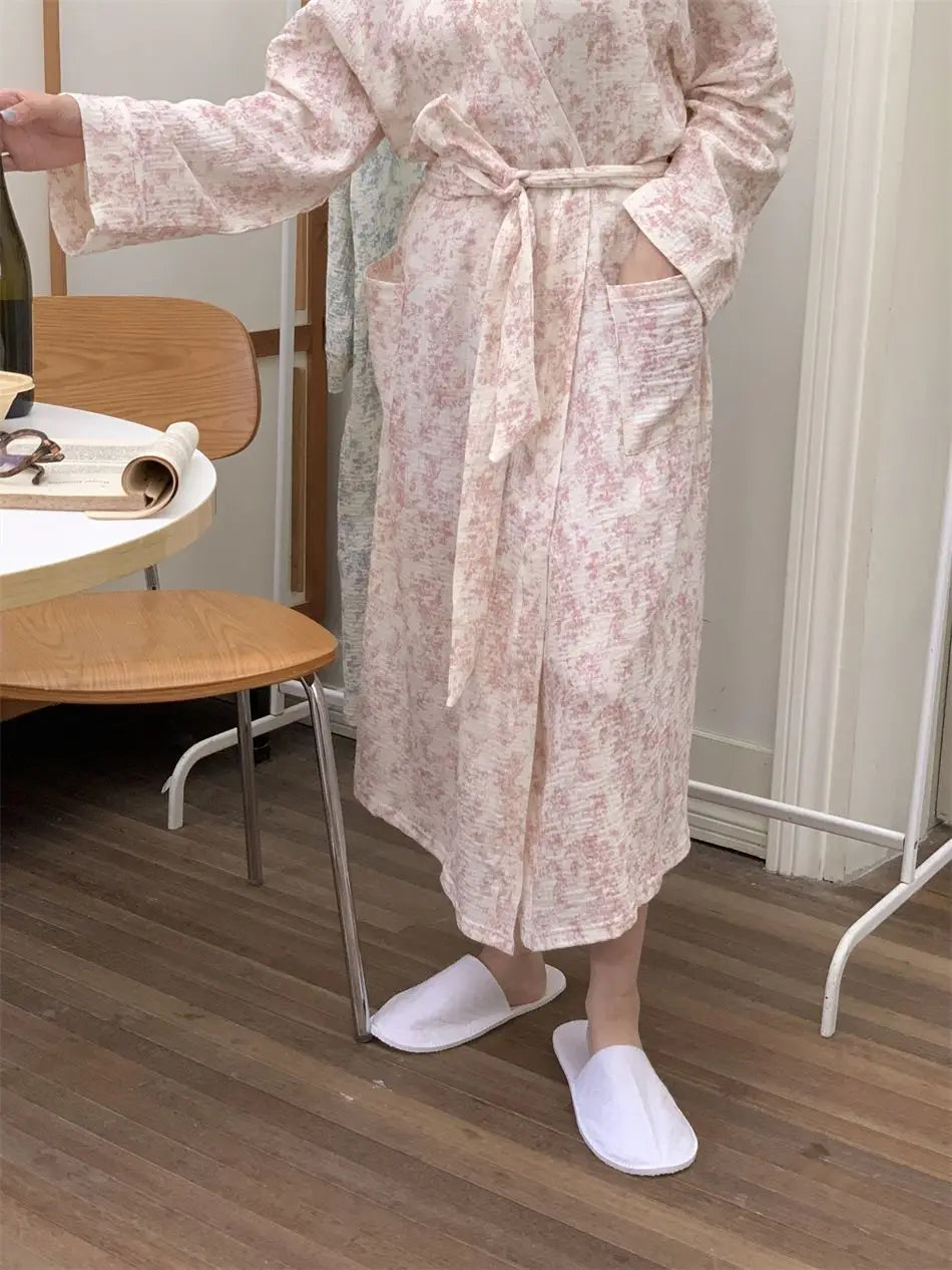 New Blue Kimono Bathing Bathrobe for Spring Autumn Women's Long-sleeved Home Sleeping Lingererie Sleep Wear Homewear Clothes Hot