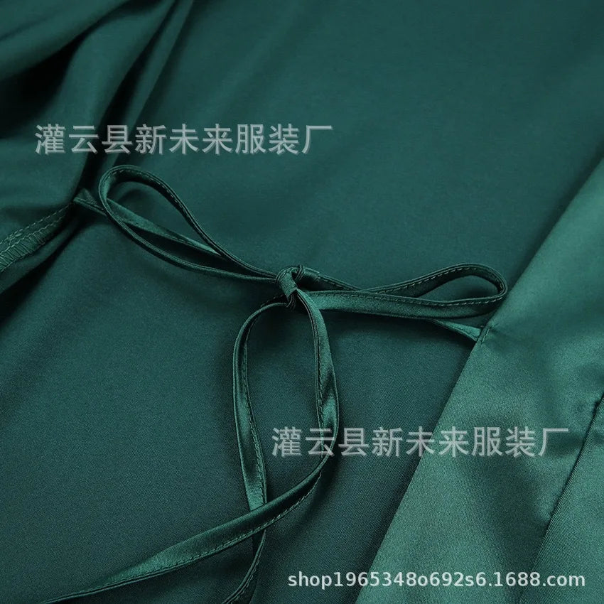 Women's Sexy Night Gown Robe V-Neck Satin Lace Bathrobe Half Sleeve Nightdress Female French Sexy Silky Satin Sleepwear