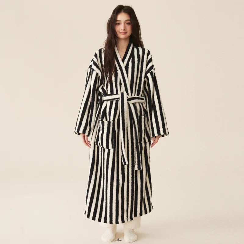 Autumn Winter Thick Soft Coral Velvet Striped Fleece Bathrobe Cozy Loungewear Plush Dressing Gown Long Robes for Women Home Wear