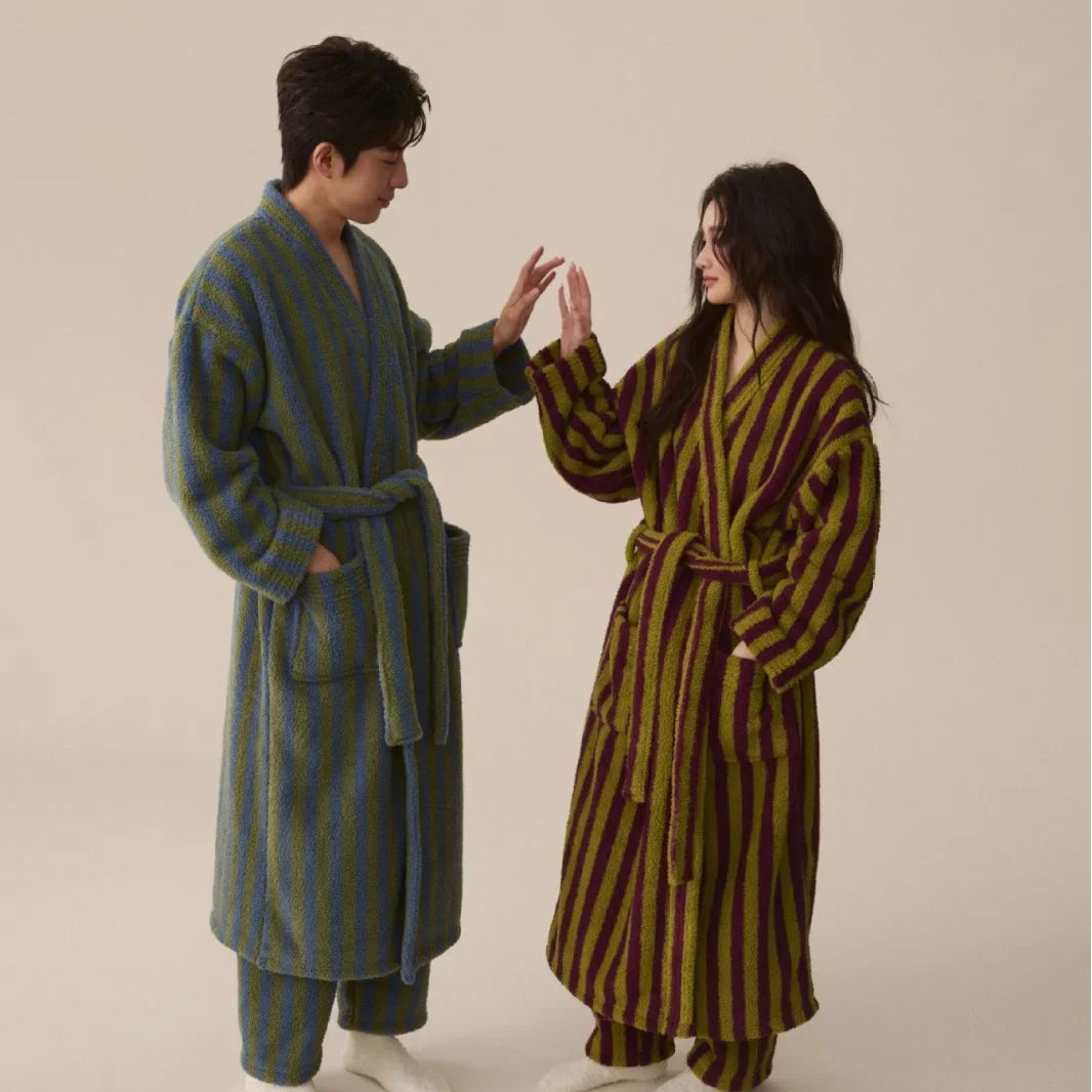 Thickened Flannel Robe Pants Pajamas Set Autumn Winter New Couple Coral Velvet Women Men Bathrobe Striped Lengthed Home Clothes