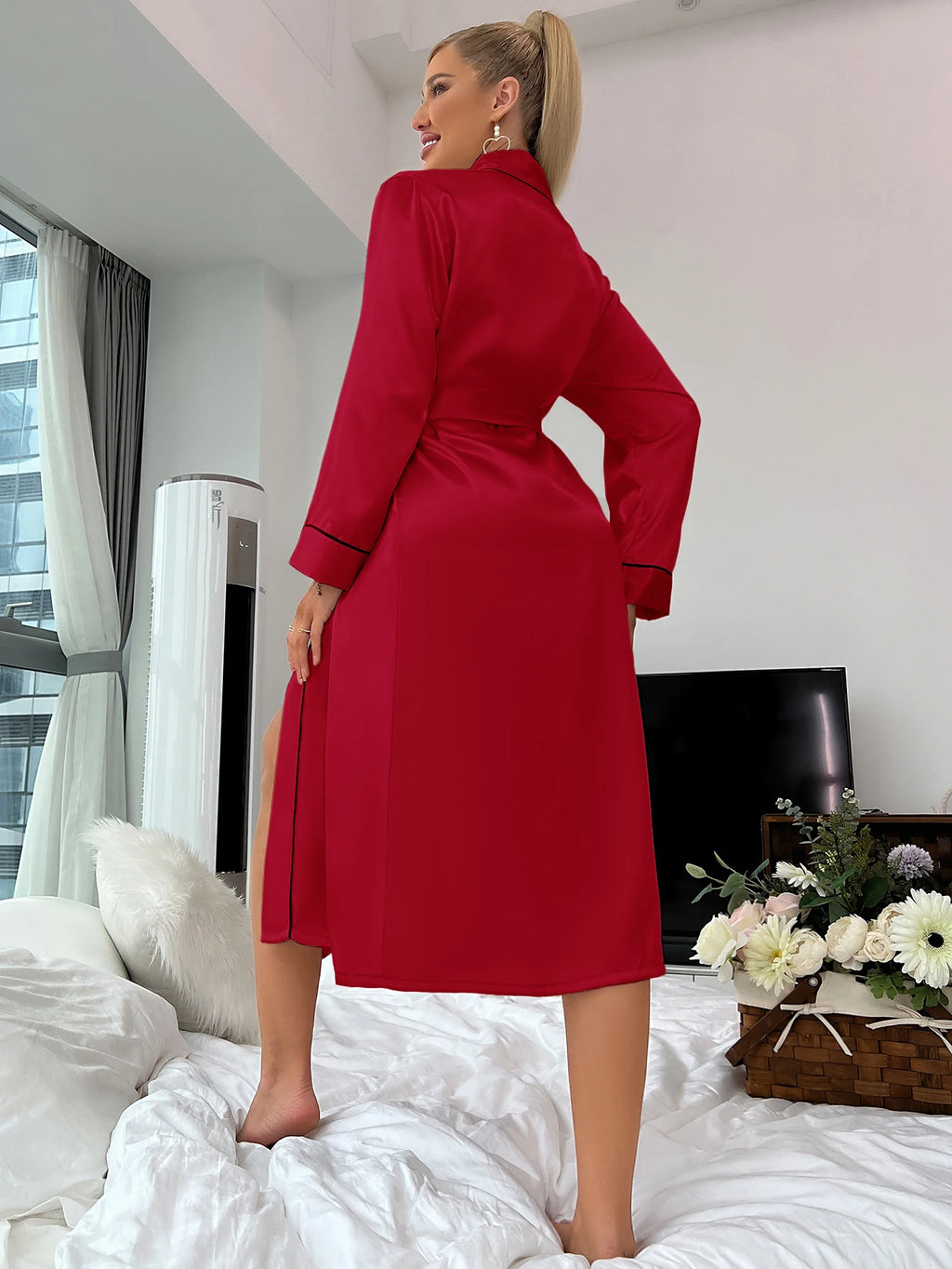 Long ice silk nightgown summer thin fashion simple home wear ladies sexy cardigan bathrobe