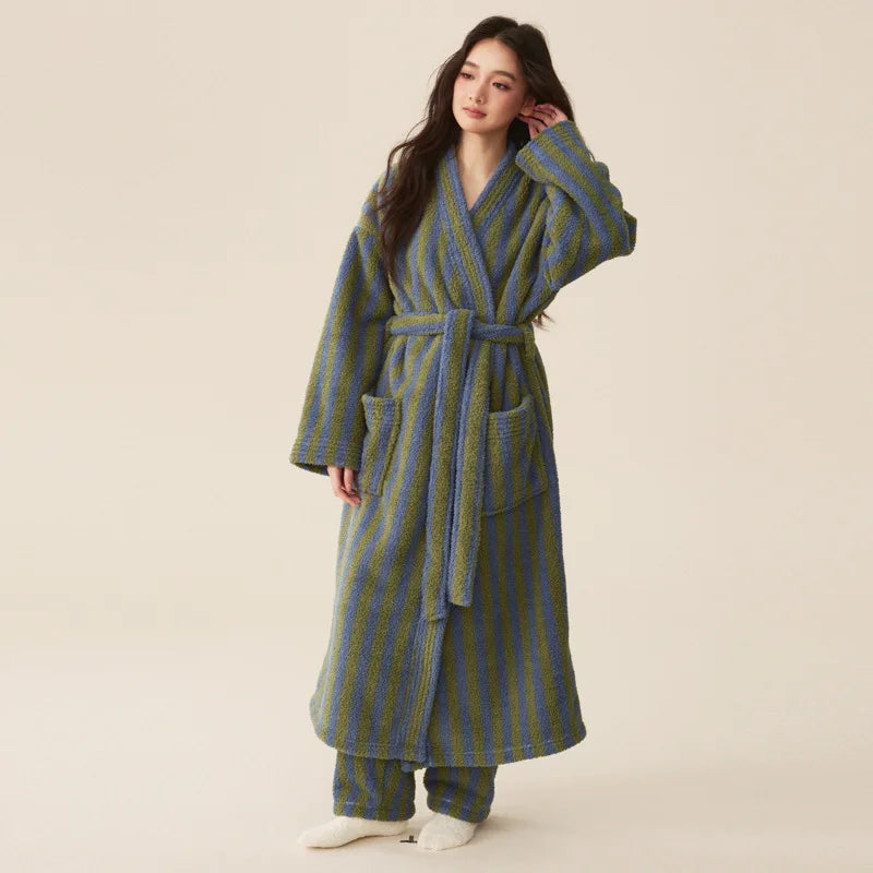 Autumn Winter Thick Soft Coral Velvet Striped Fleece Bathrobe Cozy Loungewear Plush Dressing Gown Long Robes for Women Home Wear