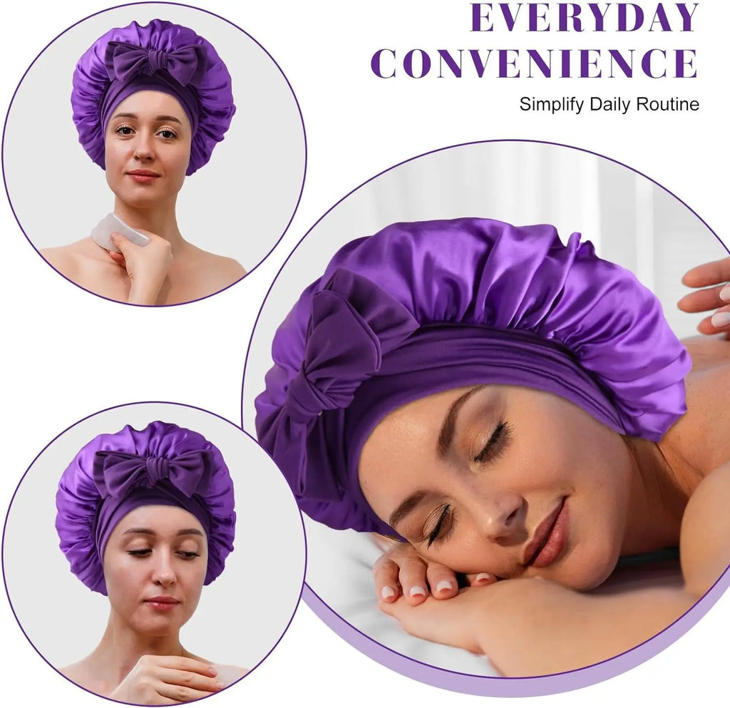 Satin Shower Cap For Women Solid Wide Band Stretch Head Tie Silky Bonnet Edge Wrap Nightcap Hair Care Sleeping Cap Head Cover