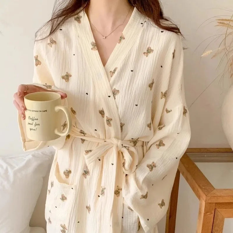 Women Bathing Robe Cartoon Cute Bear Print Bathrobe Nightgown Cardigan Long Sleeve Nightdress Plus Size Loungewear Nightgown Ro