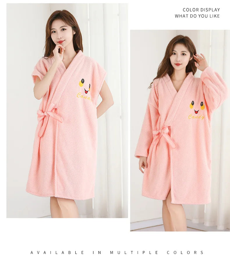 Thickened Warm Bathrobe Women's Shower Bathrobe Bath Towel Adult Student Pajamas Wearable Wrappable Sleeping Gown Girl Sleepwear