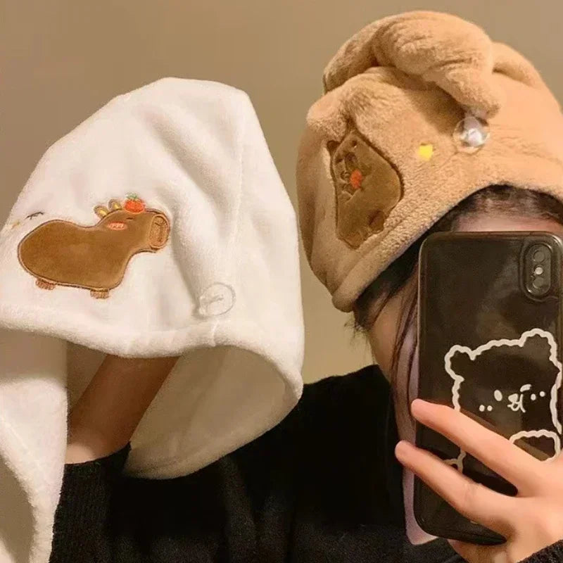 Cute Cartoon Capybara Plush Dry Hair Cap Good Absorbent Quick Dry Coral Velvet Shower Cap for Women Kid Kawaii Girl Hair Towel