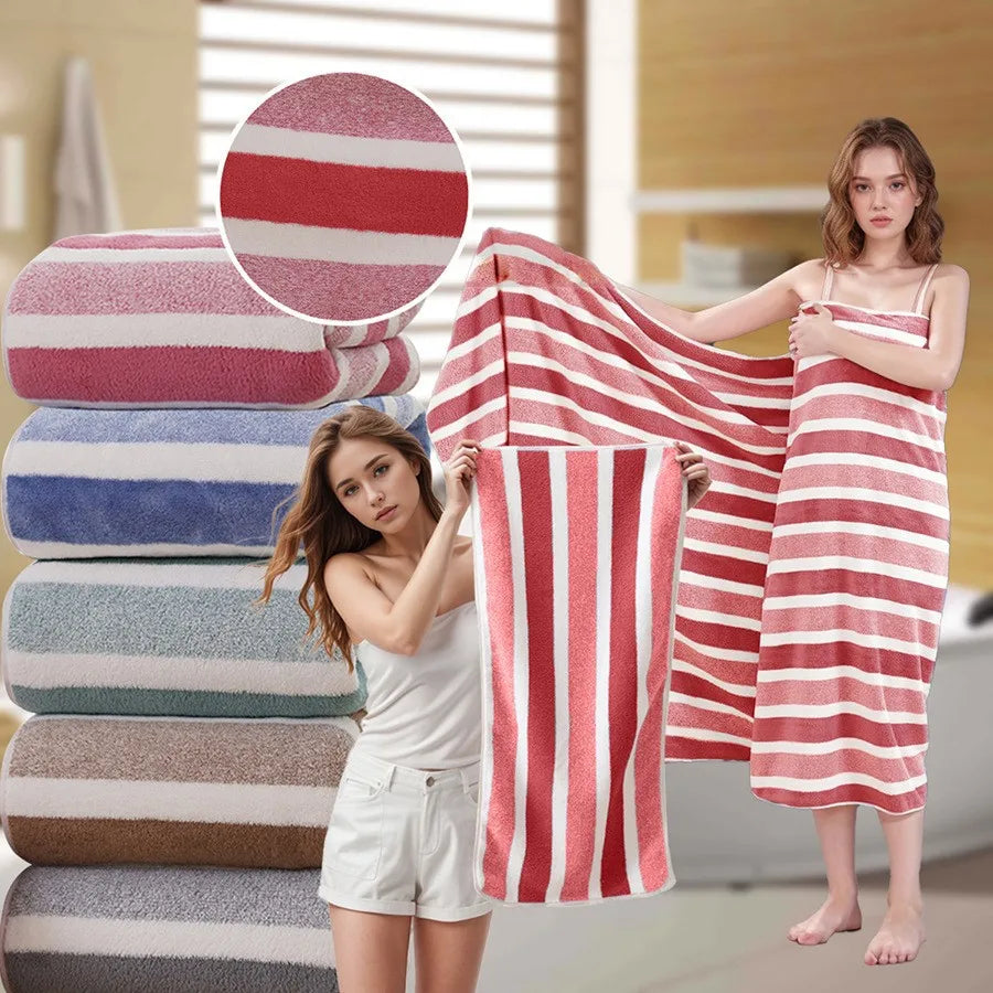 Soft Striped Bath Towel Set - Quick-Drying Absorbent Microfiber Face & Hand Towels for Bathroom, Home Spa - 70x140cm & 35x75cm