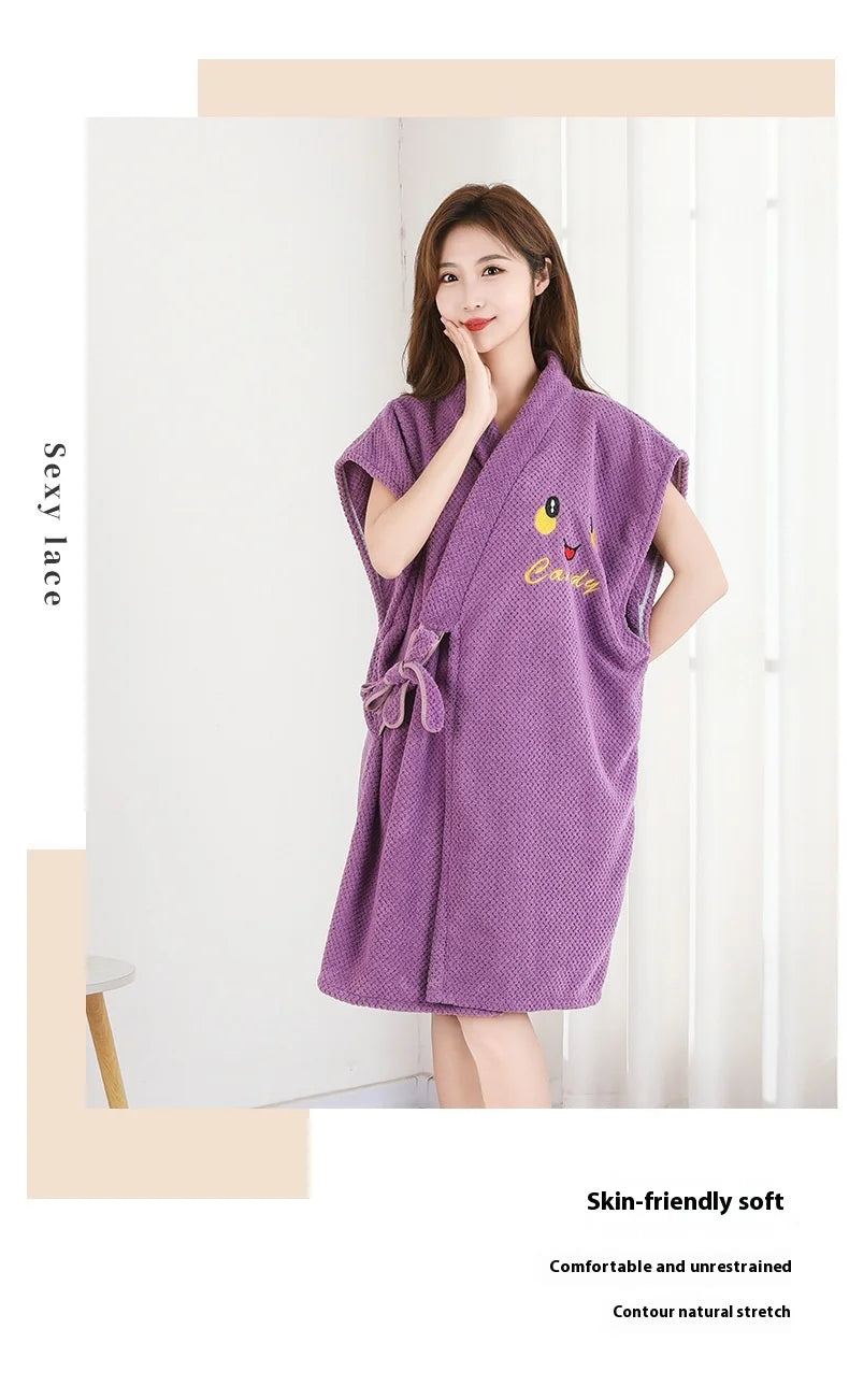 Thickened Warm Bathrobe Women's Shower Bathrobe Bath Towel Adult Student Pajamas Wearable Wrappable Sleeping Gown Girl Sleepwear