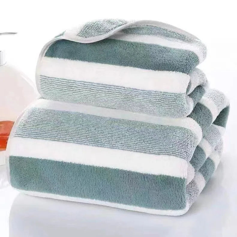 Soft Striped Bath Towel Set - Quick-Drying Absorbent Microfiber Face & Hand Towels for Bathroom, Home Spa - 70x140cm & 35x75cm