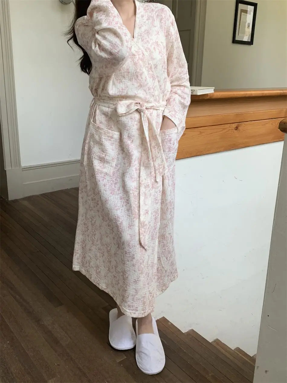 New Blue Kimono Bathing Bathrobe for Spring Autumn Women's Long-sleeved Home Sleeping Lingererie Sleep Wear Homewear Clothes Hot