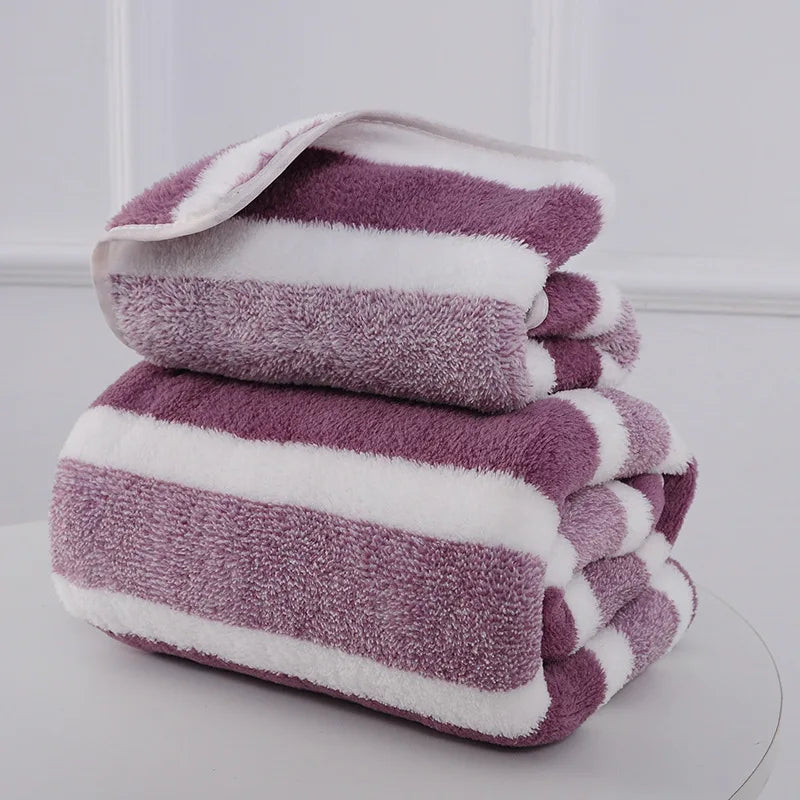 Soft Striped Bath Towel Set - Quick-Drying Absorbent Microfiber Face & Hand Towels for Bathroom, Home Spa - 70x140cm & 35x75cm