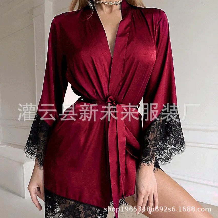 Women's Sexy Night Gown Robe V-Neck Satin Lace Bathrobe Half Sleeve Nightdress Female French Sexy Silky Satin Sleepwear