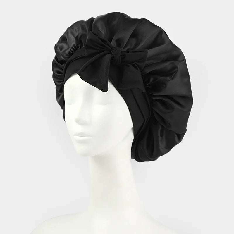 Satin Shower Cap For Women Solid Wide Band Stretch Head Tie Silky Bonnet Edge Wrap Nightcap Hair Care Sleeping Cap Head Cover