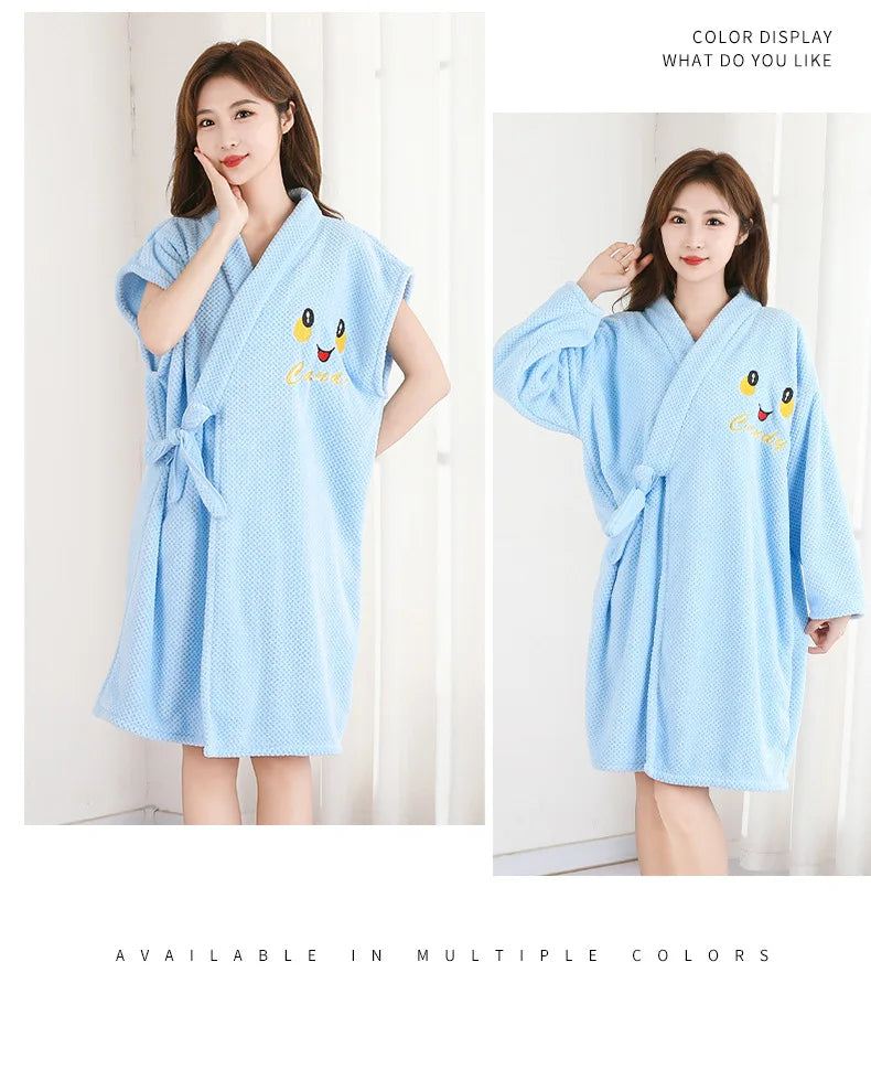 Thickened Warm Bathrobe Women's Shower Bathrobe Bath Towel Adult Student Pajamas Wearable Wrappable Sleeping Gown Girl Sleepwear