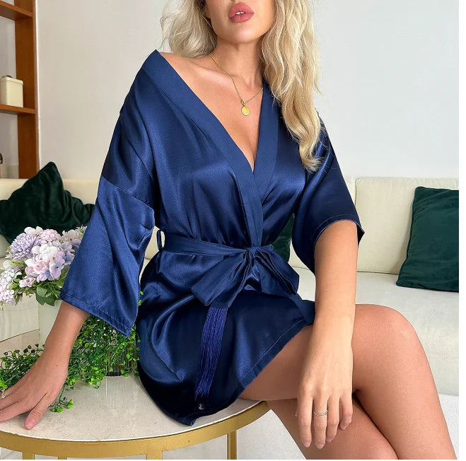Women Wedding White Bride Robe Morning Gown 3/4 Sleeve Sleepwear Loose Nightgown Female Silk Satin Kimono Bathrobe Lingerie