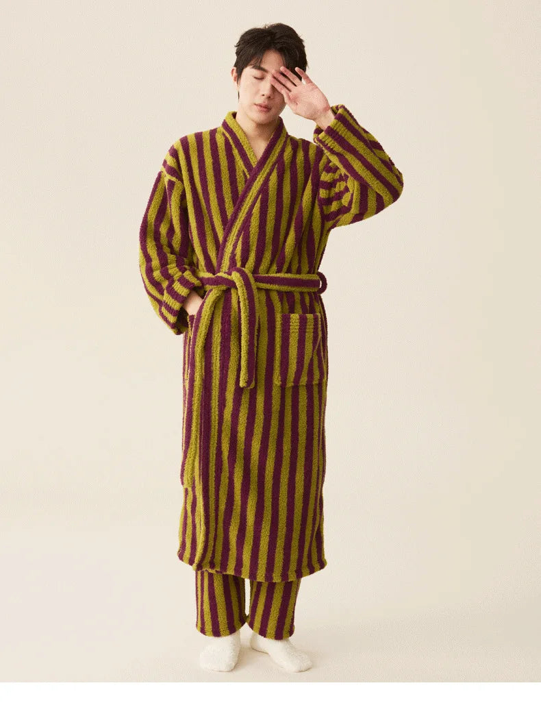 Autumn Winter Thick Soft Coral Velvet Striped Fleece Bathrobe Cozy Loungewear Plush Dressing Gown Long Robes for Women Home Wear