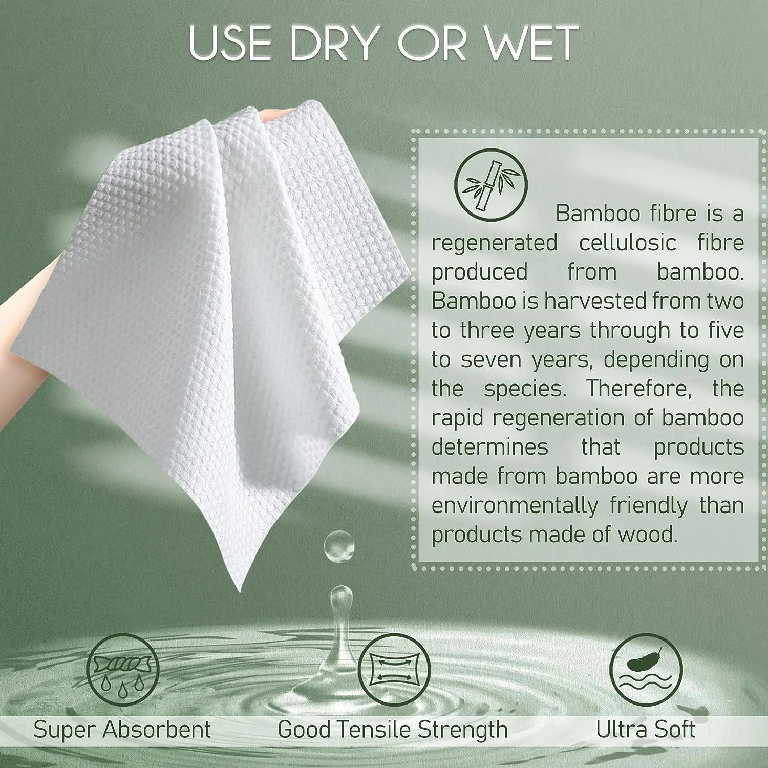 Bamboo Disposable Face Towel Biodegradable Large Dry Face Wipes 60 Count Thick Clean Facial Towel for Sensitive Skin 12x10 inch