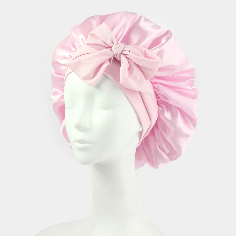 Satin Shower Cap For Women Solid Wide Band Stretch Head Tie Silky Bonnet Edge Wrap Nightcap Hair Care Sleeping Cap Head Cover