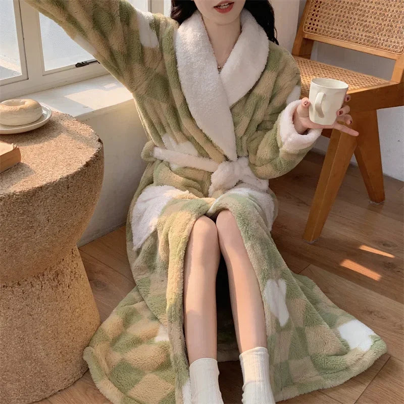 Women's Pajamas Cute Pijama Winter Sleepwear Warm Robe Sets Long Home Wear Bathrobe Plus Velvet Warmth Coral Fleece Nightgown