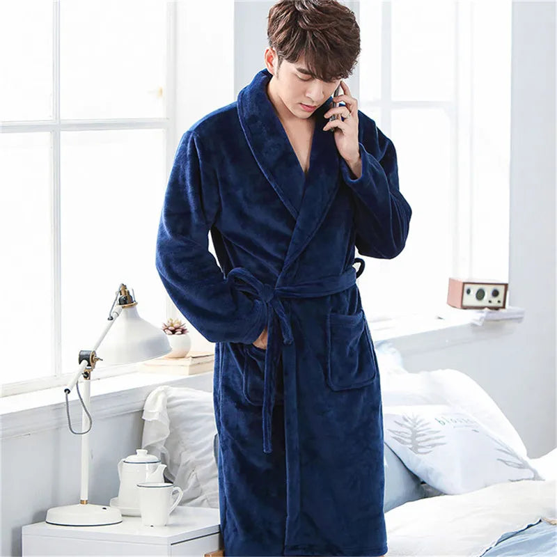 Plus Size Thick Flannel Men Robe Kimono Bathrobe Gown Coral Fleece Sleepwear Home Clothes Autumn Winter Nightwear Lounge Wear