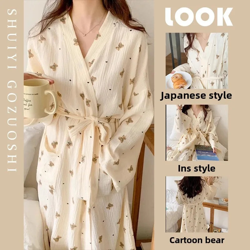 Women Bathing Robe Cartoon Cute Bear Print Bathrobe Nightgown Cardigan Long Sleeve Nightdress Plus Size Loungewear Nightgown Ro
