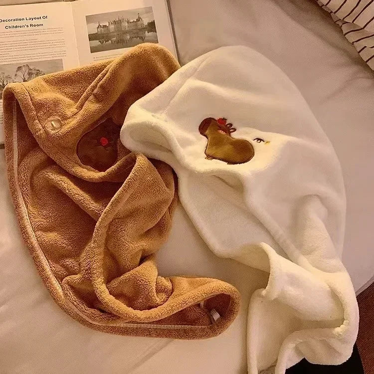 Cute Cartoon Capybara Plush Dry Hair Cap Good Absorbent Quick Dry Coral Velvet Shower Cap for Women Kid Kawaii Girl Hair Towel