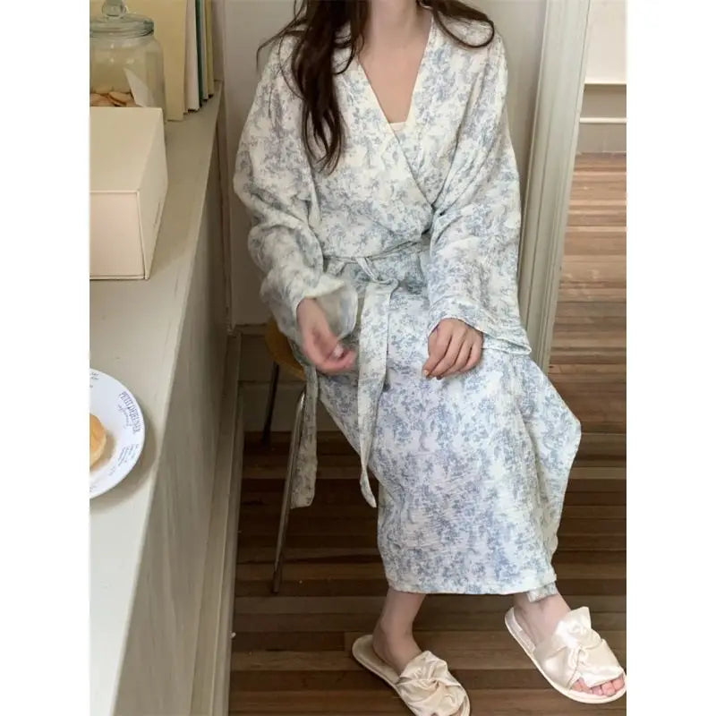 New Blue Kimono Bathing Bathrobe for Spring Autumn Women's Long-sleeved Home Sleeping Lingererie Sleep Wear Homewear Clothes Hot