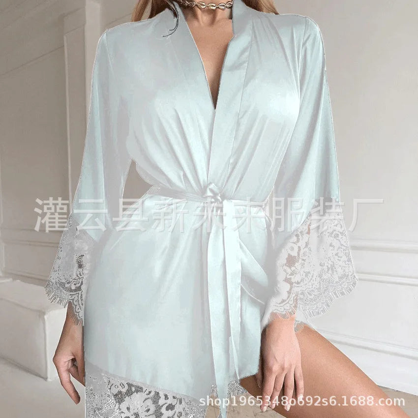 Women's Sexy Night Gown Robe V-Neck Satin Lace Bathrobe Half Sleeve Nightdress Female French Sexy Silky Satin Sleepwear