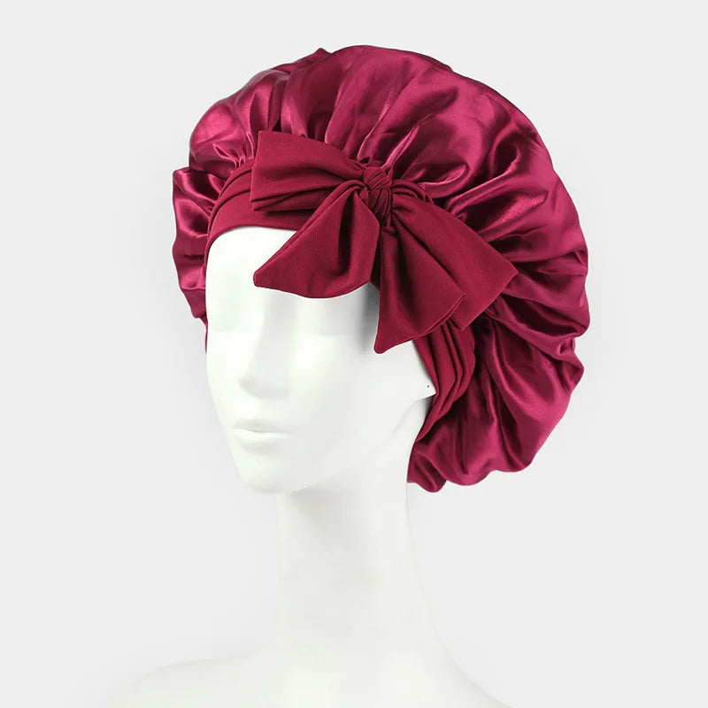 Satin Shower Cap For Women Solid Wide Band Stretch Head Tie Silky Bonnet Edge Wrap Nightcap Hair Care Sleeping Cap Head Cover