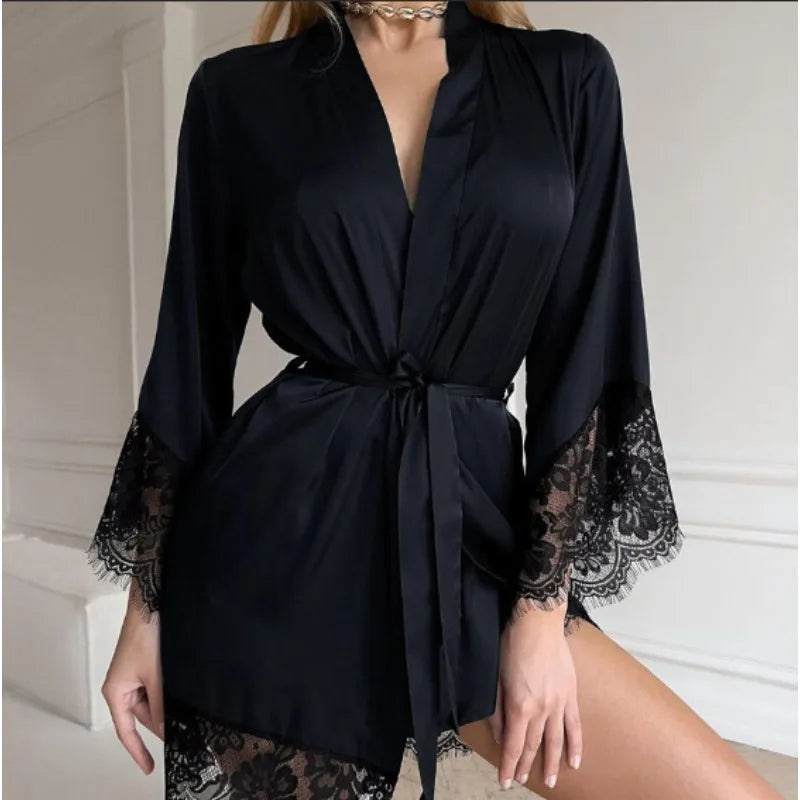 Women's Sexy Night Gown Robe V-Neck Satin Lace Bathrobe Half Sleeve Nightdress Female French Sexy Silky Satin Sleepwear
