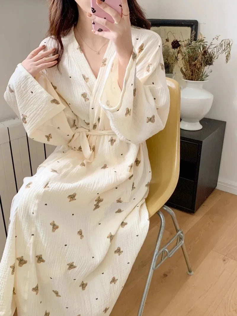 Women Bathing Robe Cartoon Cute Bear Print Bathrobe Nightgown Cardigan Long Sleeve Nightdress Plus Size Loungewear Nightgown Ro