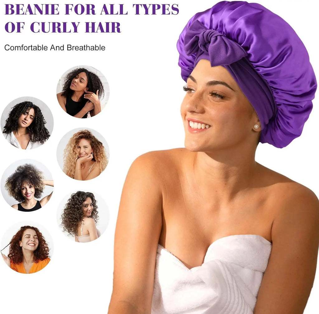 Satin Shower Cap For Women Solid Wide Band Stretch Head Tie Silky Bonnet Edge Wrap Nightcap Hair Care Sleeping Cap Head Cover