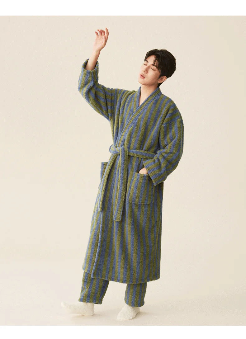 Autumn Winter Thick Soft Coral Velvet Striped Fleece Bathrobe Cozy Loungewear Plush Dressing Gown Long Robes for Women Home Wear
