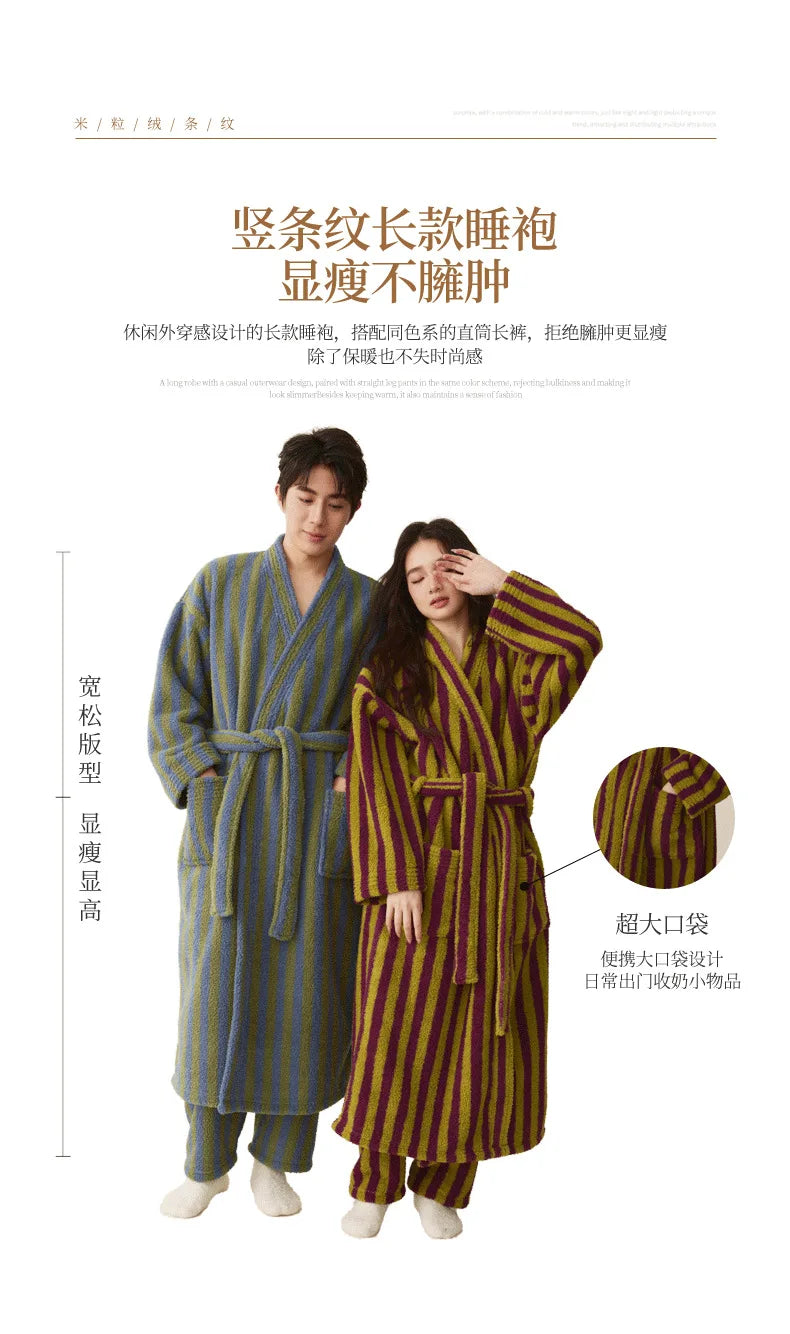 Autumn Winter Thick Soft Coral Velvet Striped Fleece Bathrobe Cozy Loungewear Plush Dressing Gown Long Robes for Women Home Wear